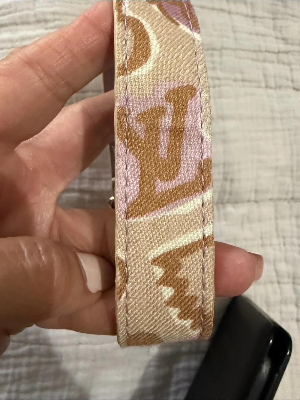 Upcycled Beige Floral Wristlet Key & Card Holder with rose gold Hardware.